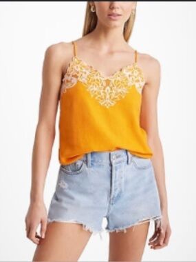 Express Women's Orange Embroidered White Floral-Trim Linen Blend Tank Top Size S